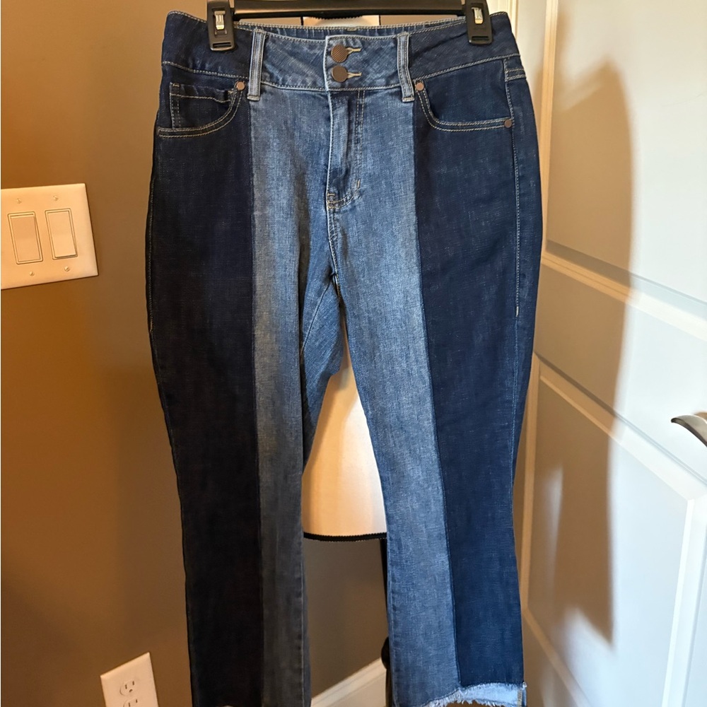 Two Tone Denim Crop CAbi Two-Tone Ankle Jeans in Dark and Light Blue